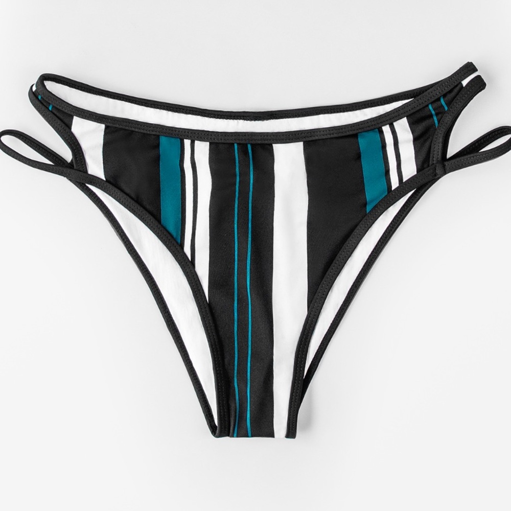 Striped Teal and White Bikini Bottom with Side Cutout - NWOT